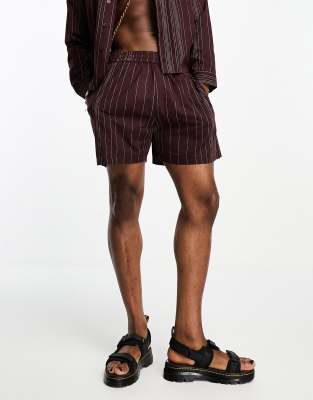 Reclaimed Vintage summer shorts set with stripe embroidery in burgundy-Red