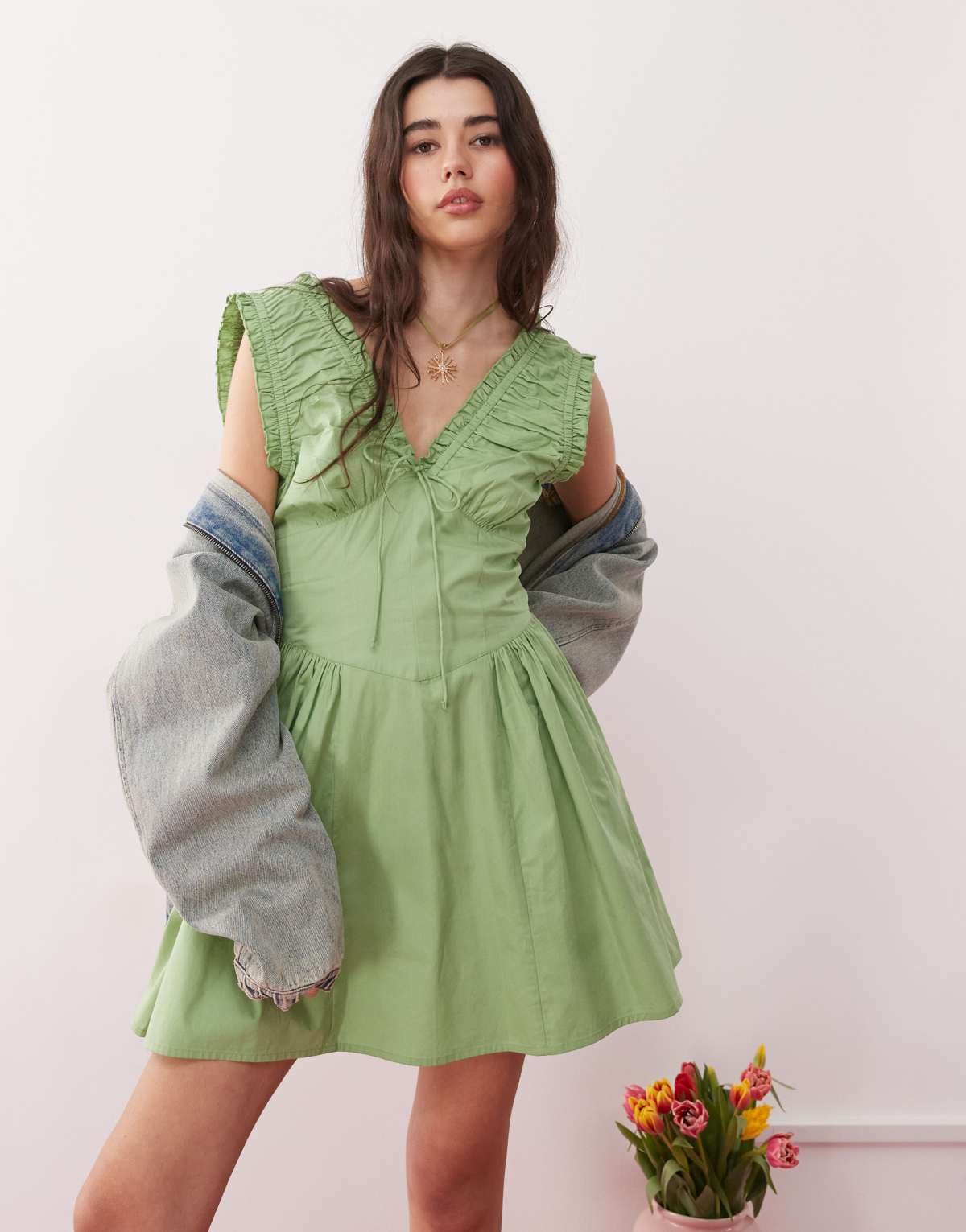 Reclaimed Vintage sundress with ruched detailing in green