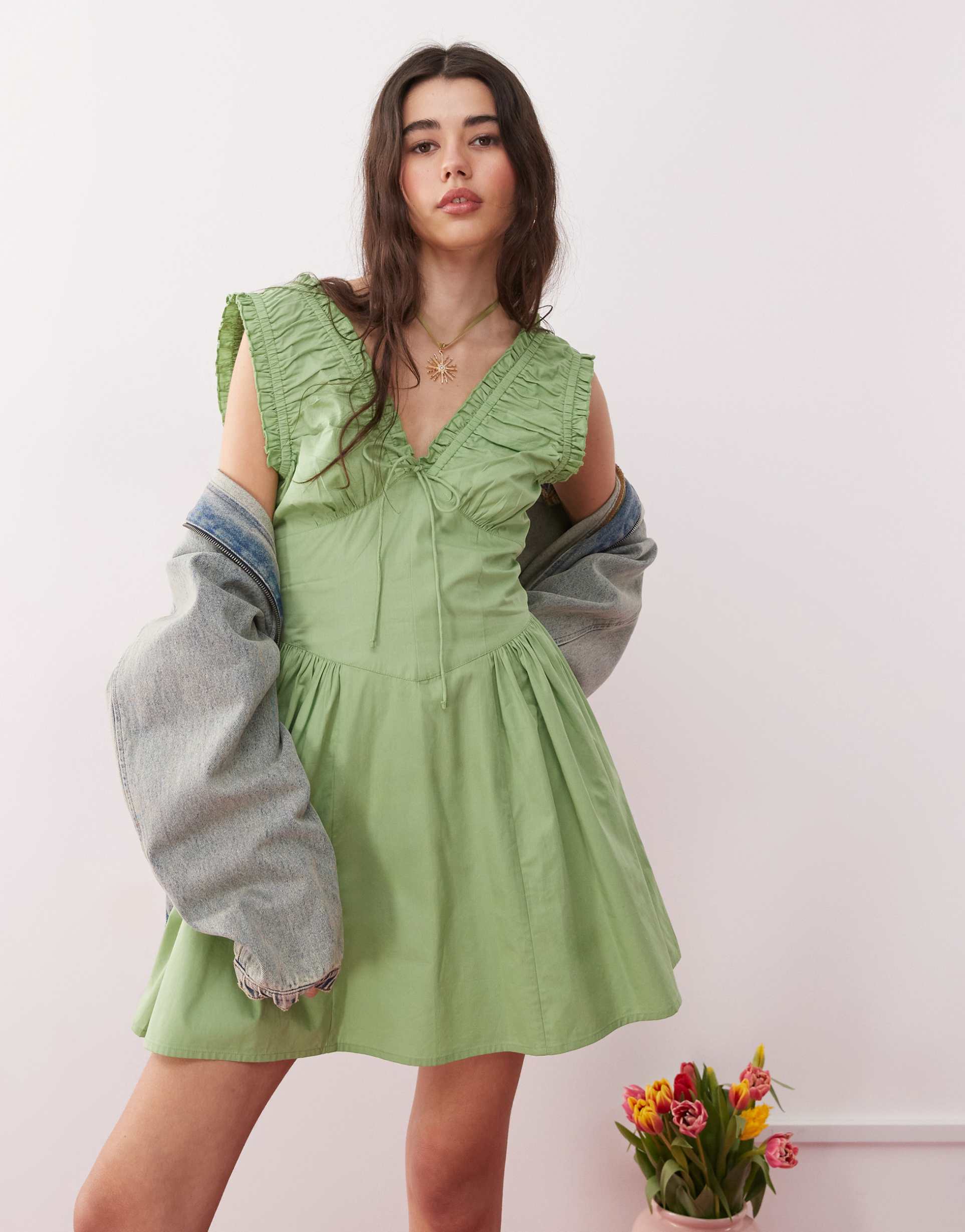 reclaimed vintage sundress with ruched detailing in green