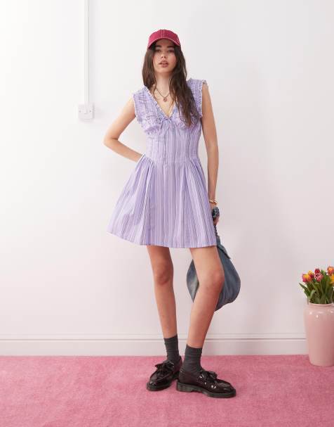 Reclaimed Vintage sundress with ruched detailing in purple candy stripe - view 1