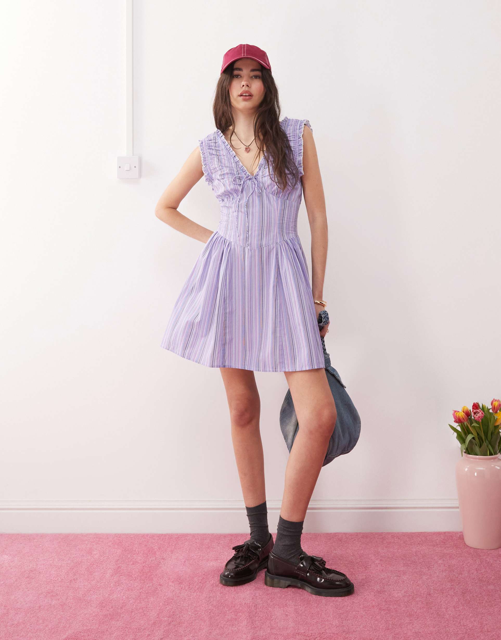 reclaimed vintage sundress with ruched detailing in purple candy stripe