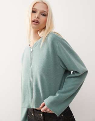 super soft ribbed zip through top in sage-Green