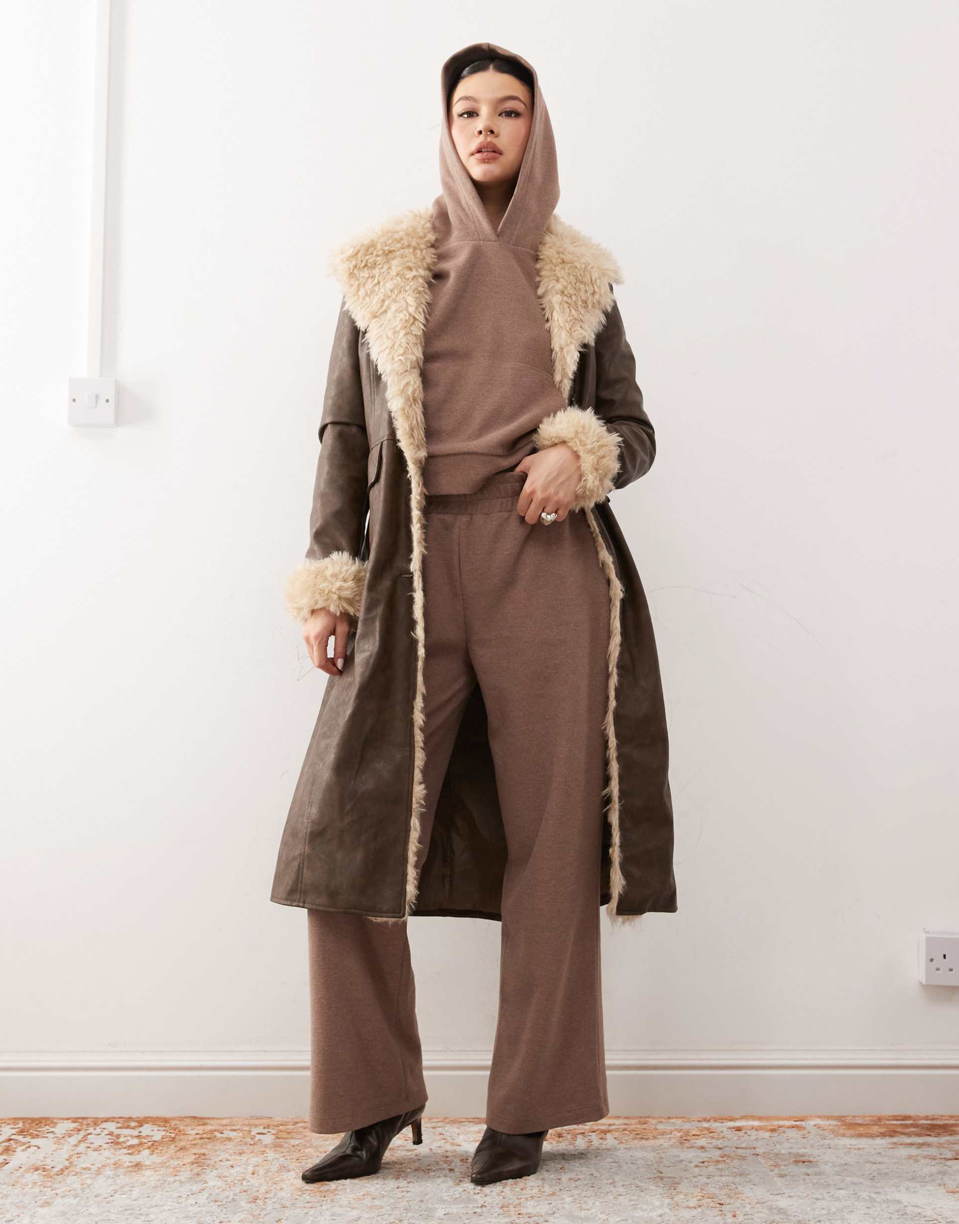 reclaimed vintage supersoft cozy wide leg sweatpants in brown - part of a set