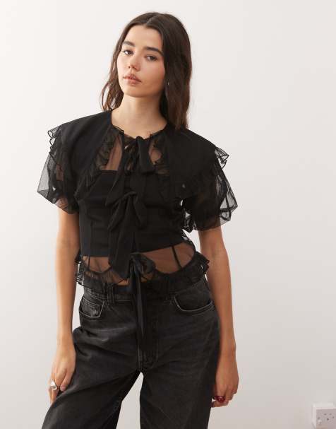 Reclaimed Vintage – Svart blus i tyll med puffärmar och krage - view 1