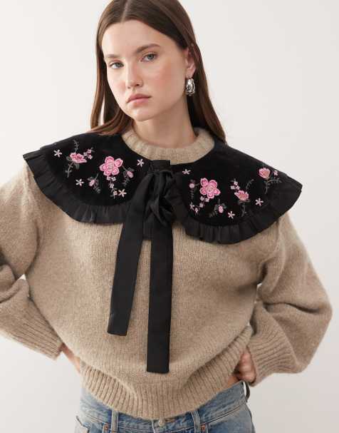 Reclaimed Vintage – Svart krage i oversize och sammet med blombroderi - view 1