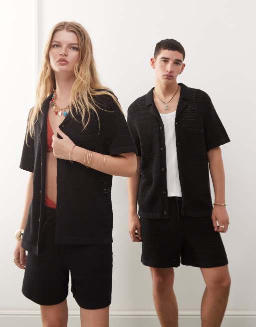 Reclaimed Vintage – Svart, stickad skjorta i unisex-modell med detaljer, del av set