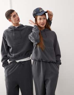 Reclaimed Vintage - Sweat à capuche oversize et unisexe coupe carrée - Anthracite délavé-Gris