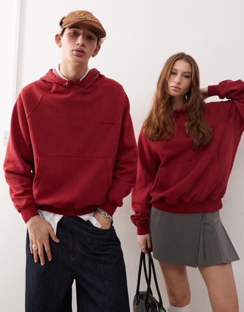 Reclaimed Vintage - Sweat à capuche unisexe et oversize coupe carrée courte - Bordeaux - view 1