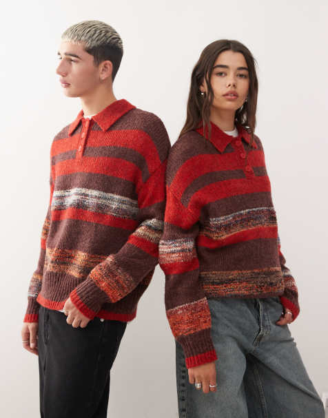 Reclaimed Vintage – Sweter z kołnierzykiem polo w czerwono-brązowe paski - view 1