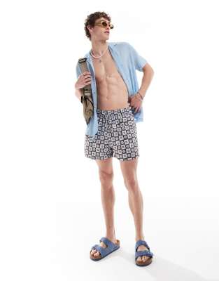 swim shorts in blue floral tile print-Multi