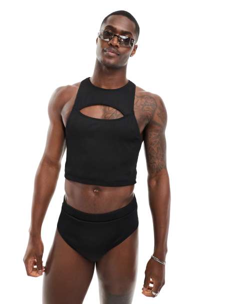 Reclaimed Vintage swim top in black rib - view 1