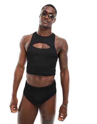 reclaimed vintage swim top in black rib