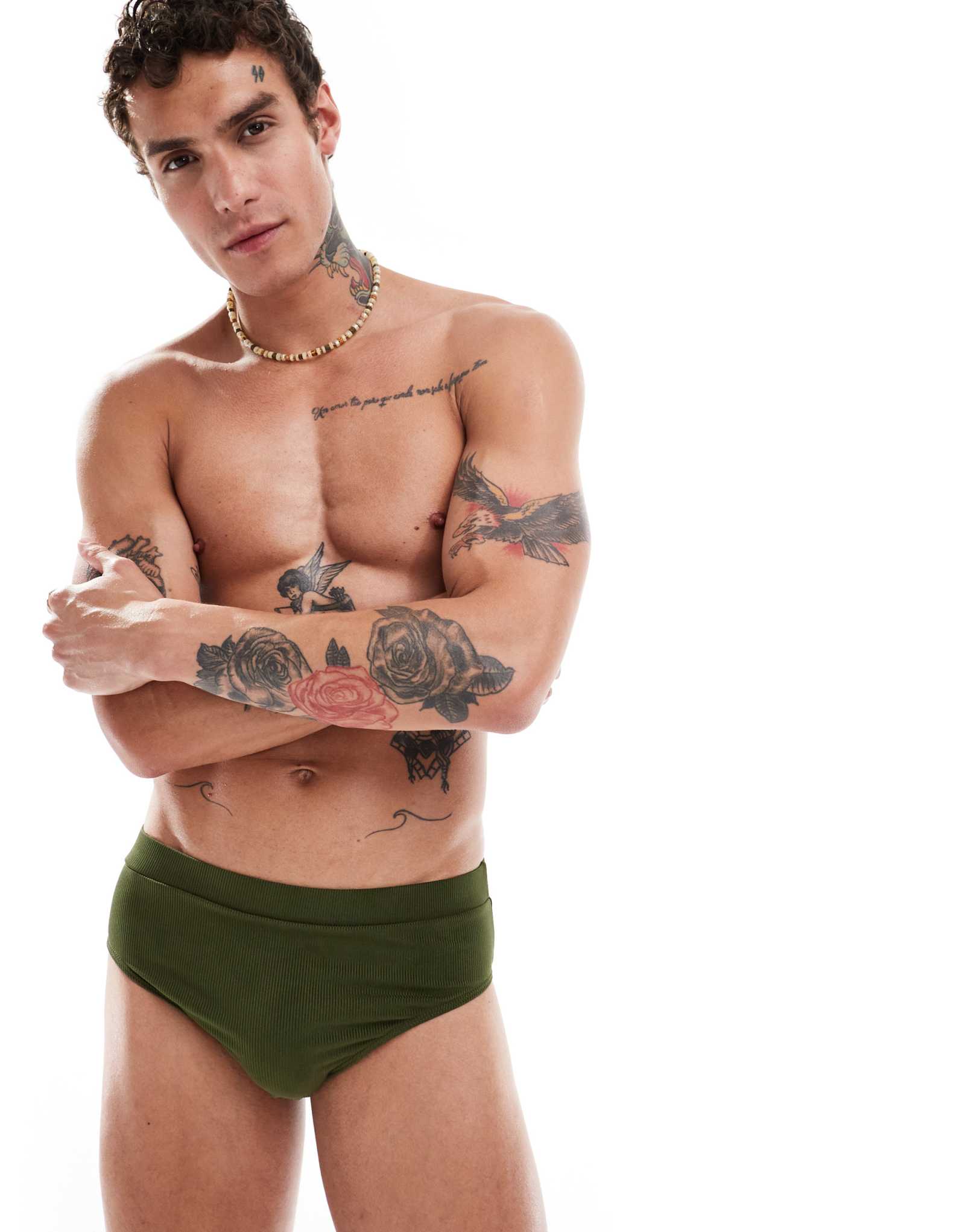 Восстановленные винтажные плавки в рубчик цвета хаки