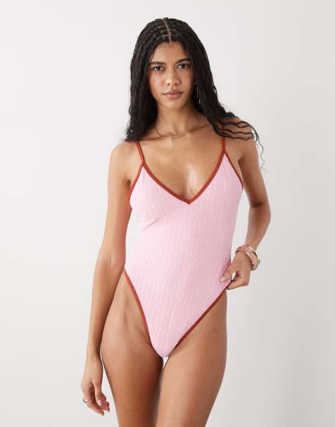 Reclaimed Vintage swimsuit with deep V and low back in pink texture fabric - view 1