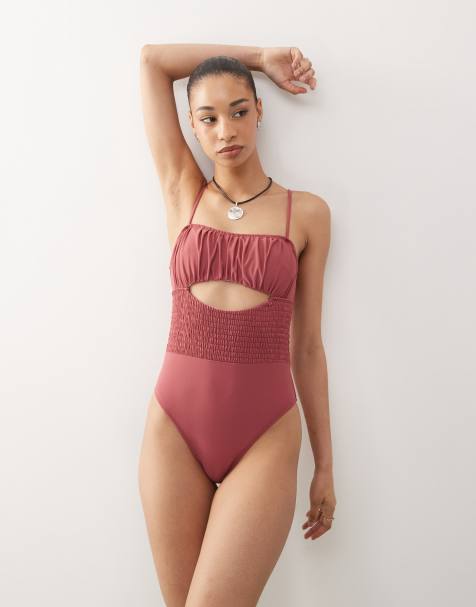 Reclaimed Vintage swimsuit with shirred waist and cut out detail in pink - view 1