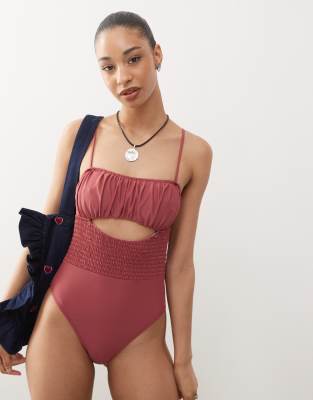 Shop Reclaimed Vintage Swimsuit With Shirred Waist And Cut Out Detail In Pink