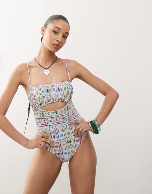 Reclaimed Vintage swimsuit with shirred waist and cut out detail in postcard print