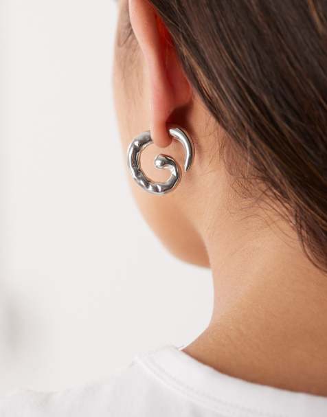 Reclaimed Vintage swirl through earrings in molten silver - view 1