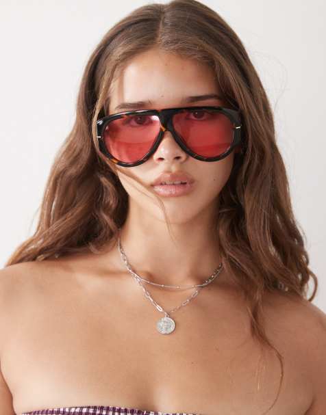 Reclaimed Vintage – Szylkretowe okulary przeciwsłoneczne typu aviator w masywnych oprawkach z czerwonymi soczewkami - view 1