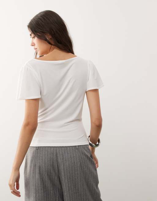 Reclaimed Vintage - T-shirt à col bénitier et manches ange - Blanc, 4 de 4