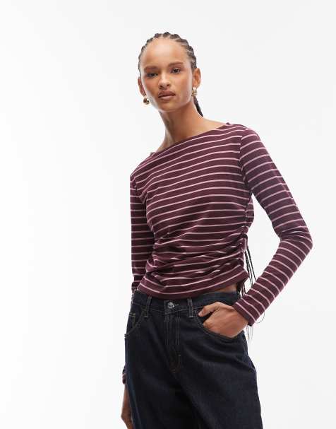 Reclaimed Vintage - T-shirt a maniche lunghe stretta in vita a righe con dettaglio arricciato e scollo a barchetta - view 1