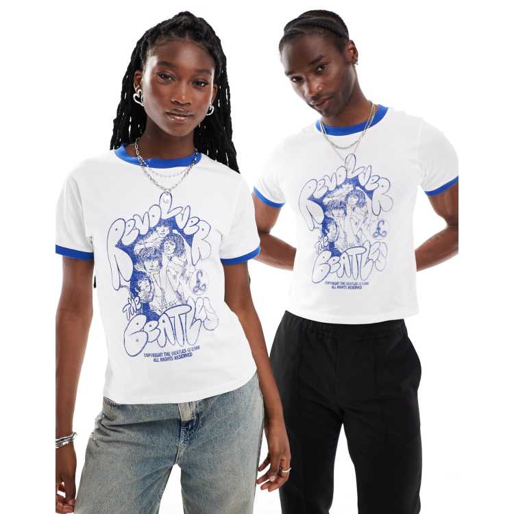 Reclaimed Vintage T shirt bianca unisex mini con profili a contrasto e stampa Beatles su licenza ASOS