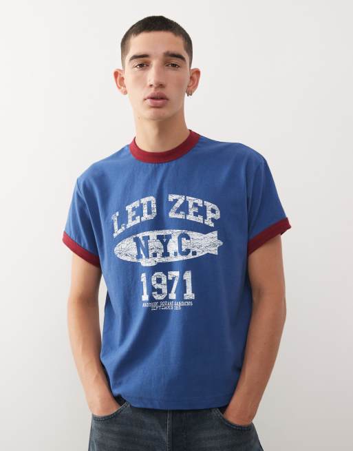 Reclaimed Vintage - T-shirt blu navy con stampa dei Led Zeppelin su licenza e profili a contrasto rossi