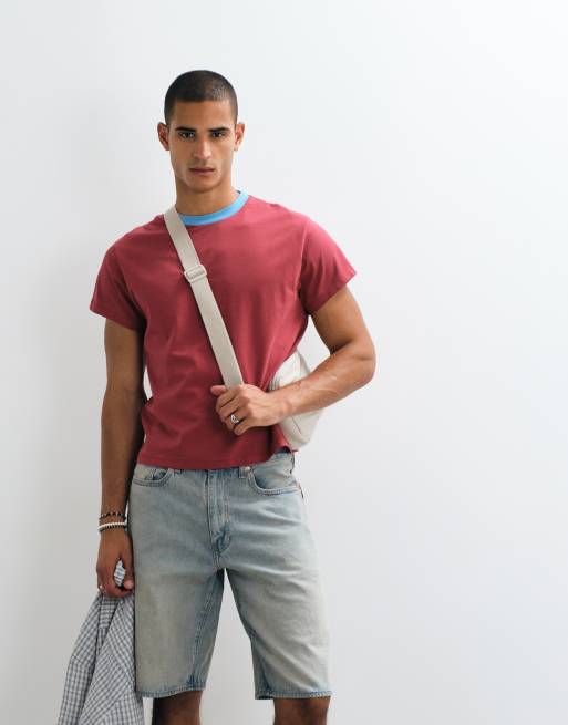Reclaimed Vintage - T-shirt bordeaux con bordi a contrasto