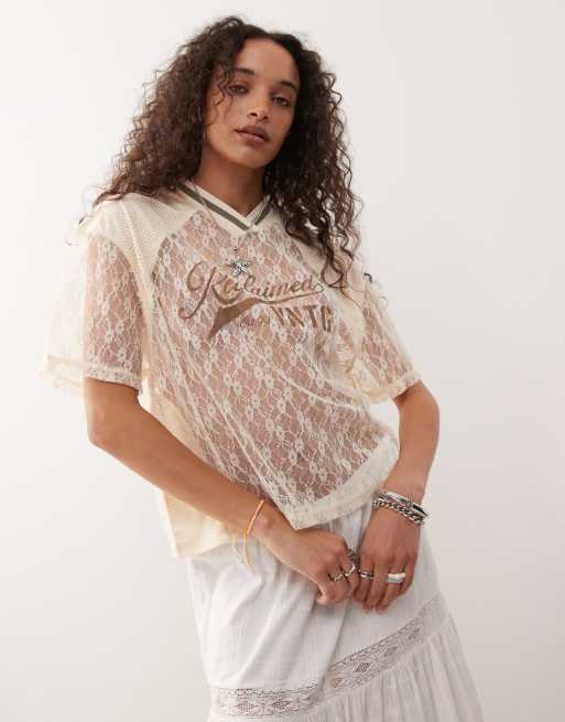 Reclaimed Vintage - T-shirt color crema squadrata con dettagli in pizzo e airtex