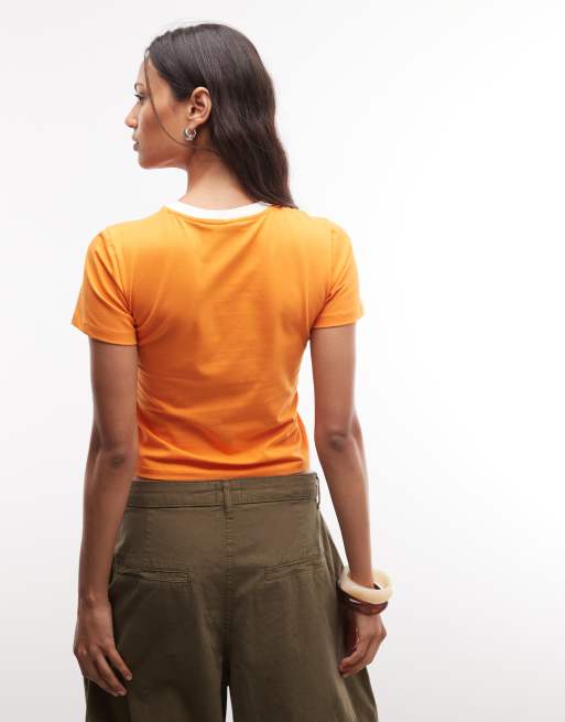 Reclaimed Vintage - T-shirt corta arancione con scollo a V, 4 di 4