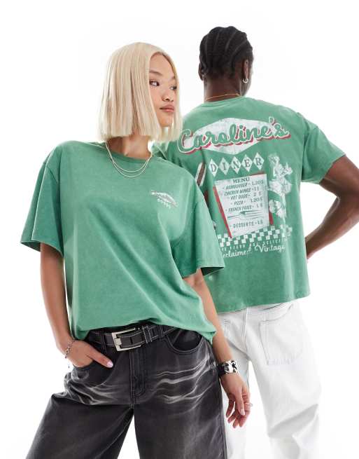 Reclaimed Vintage - T-shirt crop top unisexe coupe carrée ajustée avec imprimé Diner - Vert