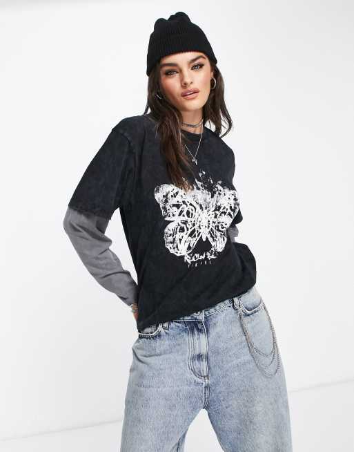 Reclaimed Vintage - T-shirt double épaisseur imprimé papillon - Noir