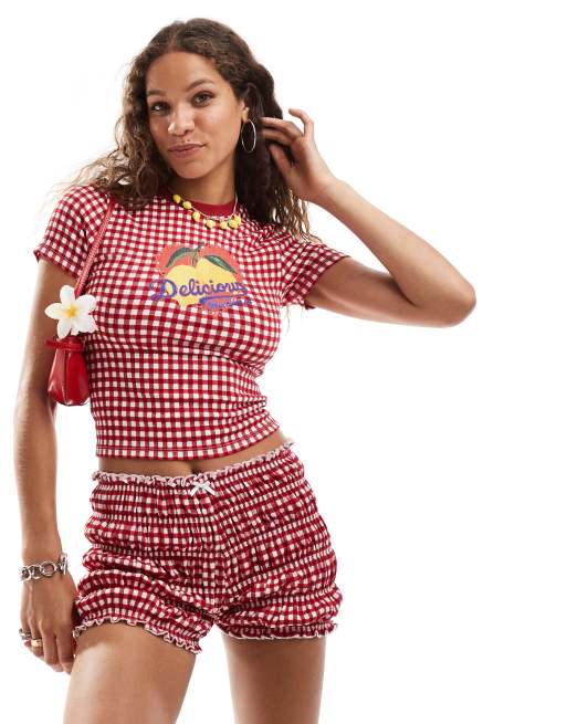 Reclaimed Vintage - T-shirt effet rétréci avec imprimé citron - Rouge vichy