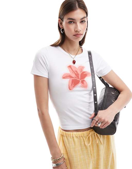 Reclaimed Vintage - T-shirt effet rétréci avec imprimé nénuphar - Blanc