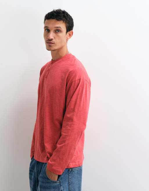 Reclaimed Vintage T-shirt henley z długim rękawem z dżerseju slub w kolorze czerwonym