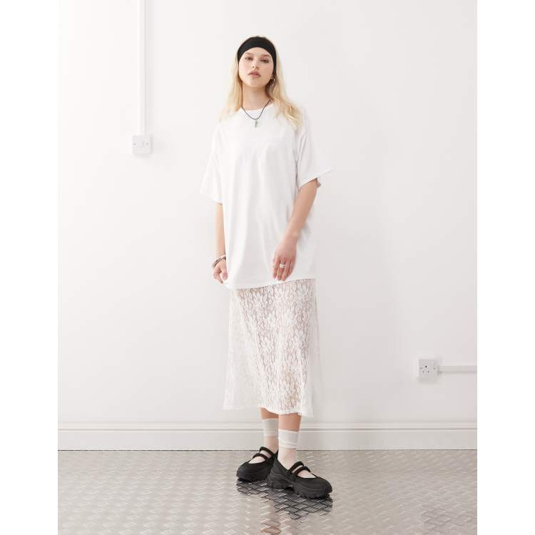 Reclaimed Vintage t-shirt midi dress with lace skirt in white | ASOS