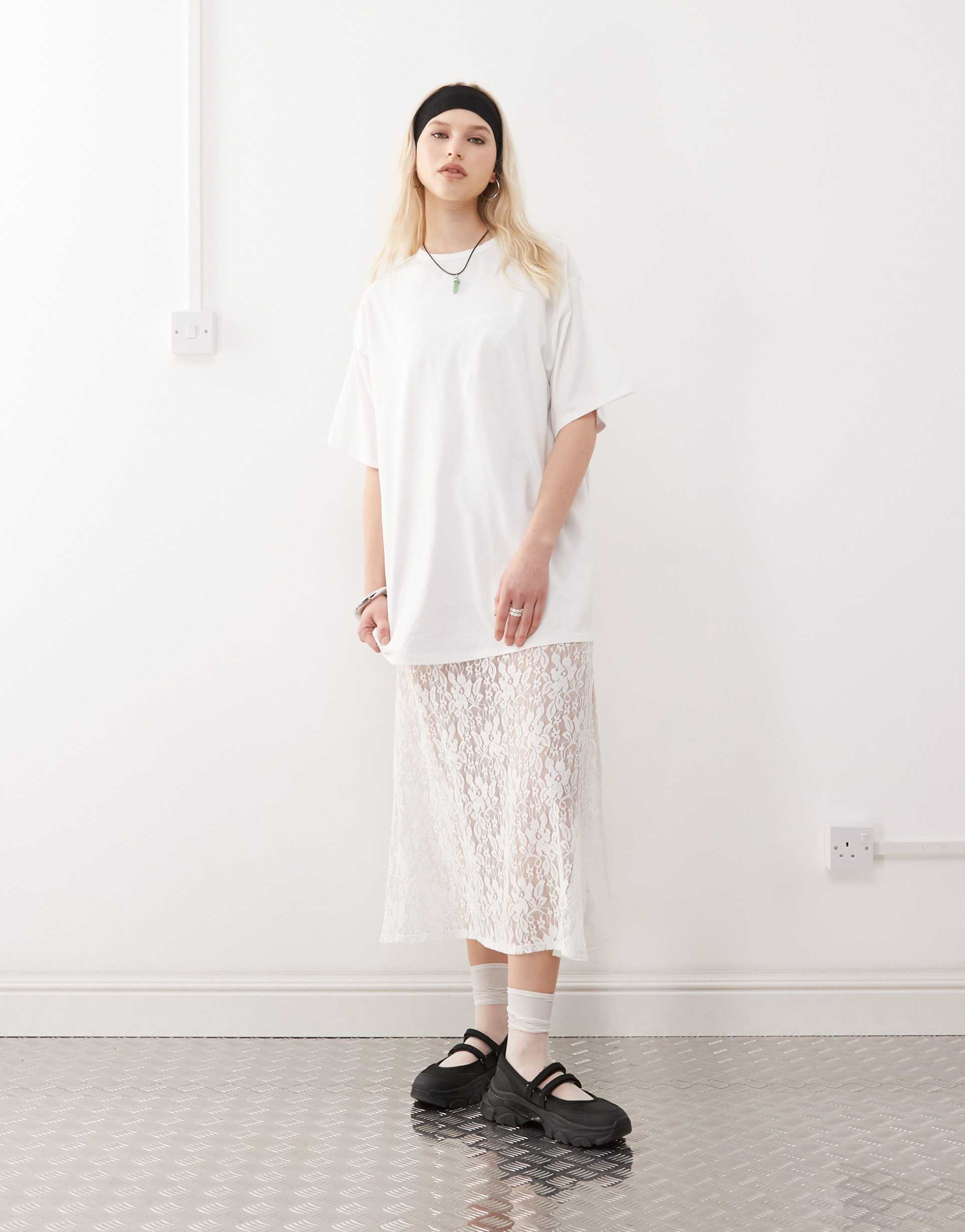 reclaimed vintage t-shirt midi dress with lace skirt in white