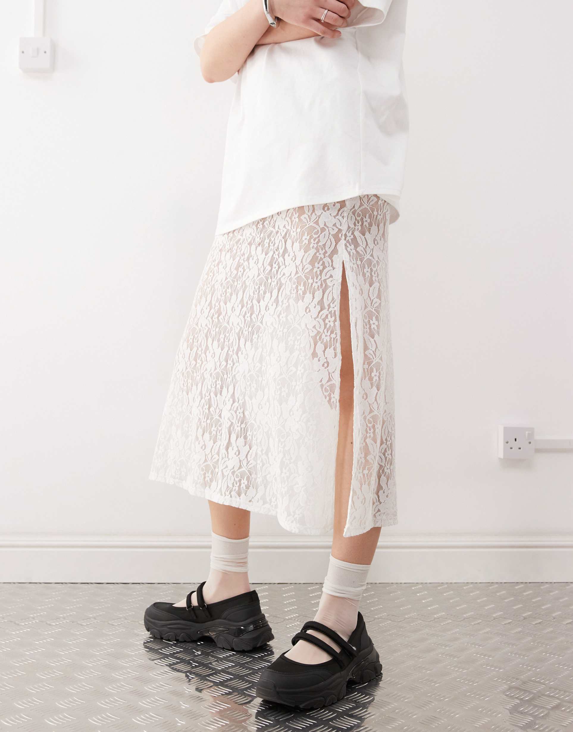 reclaimed vintage t-shirt midi dress with lace skirt in white