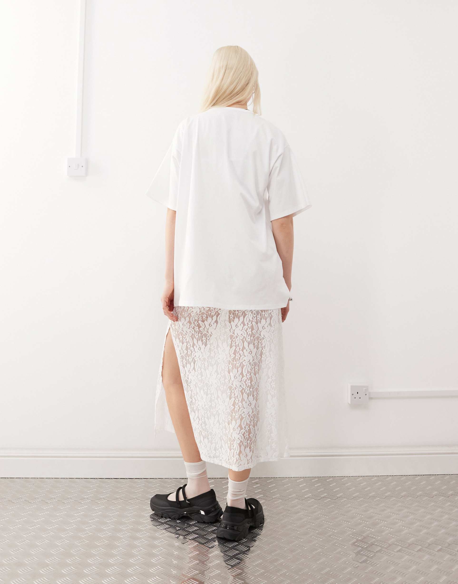 reclaimed vintage t-shirt midi dress with lace skirt in white
