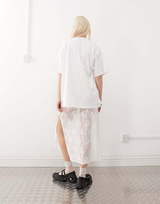 Reclaimed Vintage t-shirt midi dress with lace skirt in white