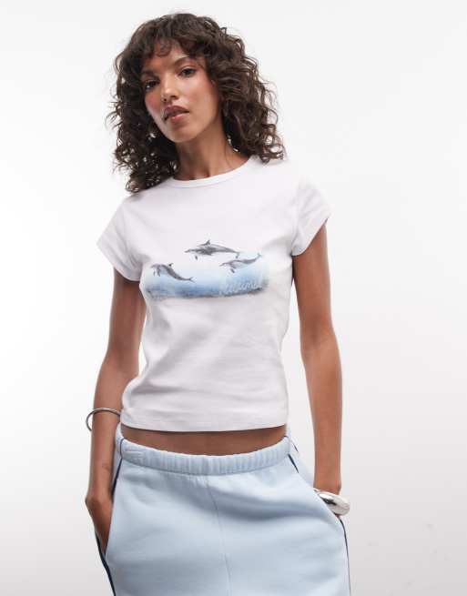 Reclaimed Vintage - T-shirt mini bianca con stampa di delfini, 3 di 4