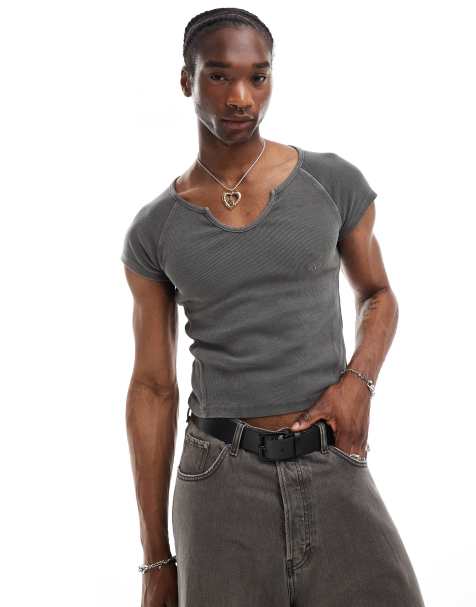 Reclaimed Vintage - T-shirt mini grigio antracite slavato a coste con intaglio sul collo - view 1