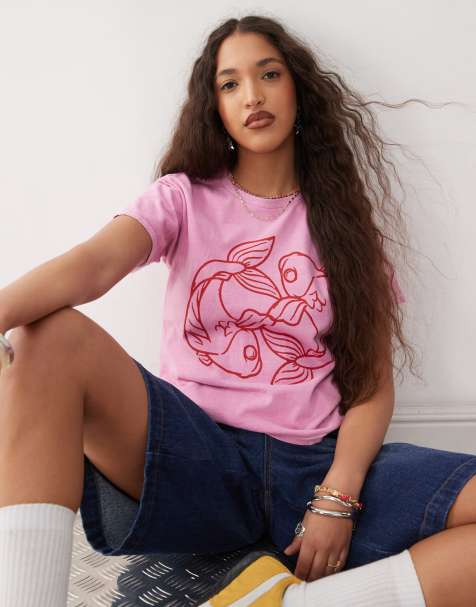 Reclaimed Vintage - T-shirt mini in cotone rosa con stampa di pesci - view 1