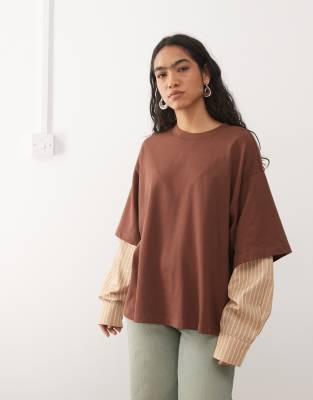T-Shirt mit doppellagigem Hemd-Design in Gelb und Braun-Bunt Bunt XS
