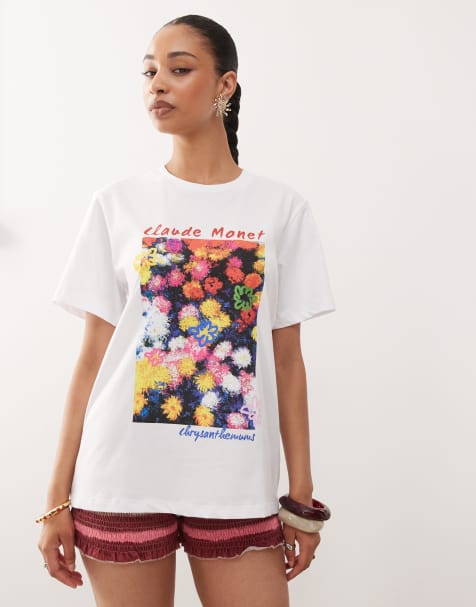 Reclaimed Vintage - T-shirt oversize avec imprimé fleurs de Monet sous licence - Blanc - view 1
