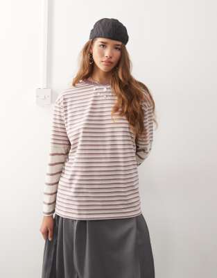 T-shirt oversize double épaisseur à manches longues et rayures variées-Rouge S