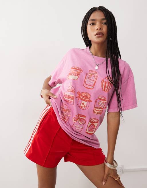 Reclaimed Vintage - T-shirt oversize en coton à imprimé pots de confiture - Rose délavé