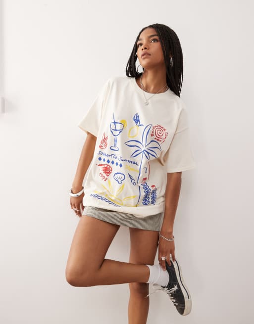 Reclaimed Vintage - T-shirt oversize en coton avec dessins style vacances - Jaune beurre