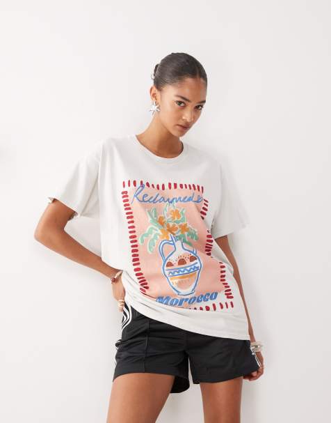 Reclaimed Vintage - T-shirt oversize in cotone écru con stampa artistica di vaso - view 1