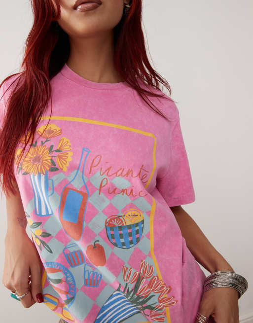 Reclaimed Vintage - T-shirt oversize rosa con stampa pic nic, 3 di 4